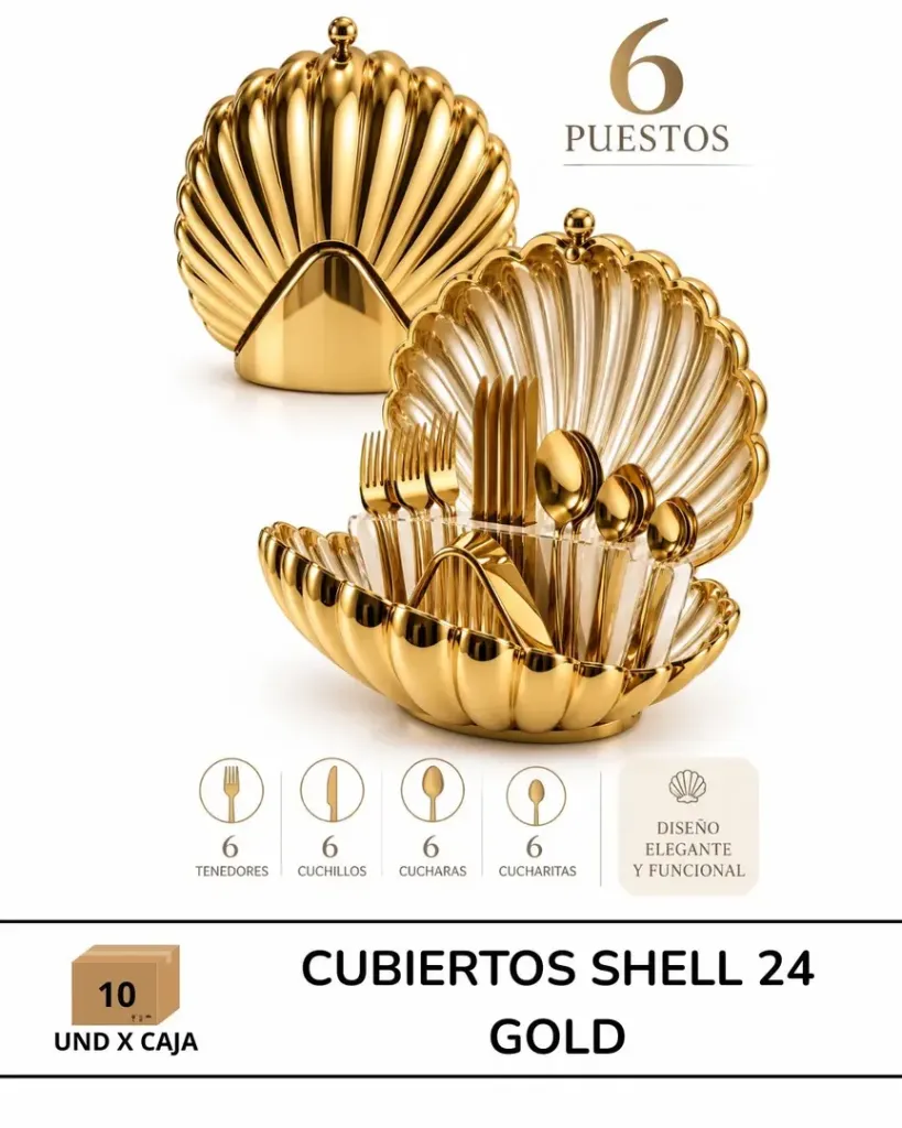 [BOD-HOG-136] SET DE CUBIERTOS CONCHA DORADA 24 PIEZAS EN ACERO INOXIDABLE