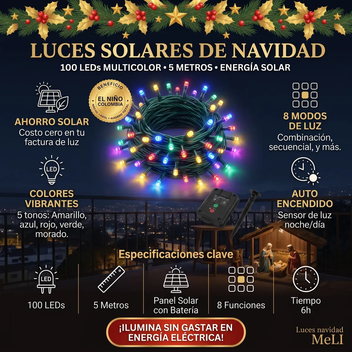 [BOD-NAV-002] LUCES DE NAVIDAD CON PANEL SOLAR DE 100 BOMBILLOS